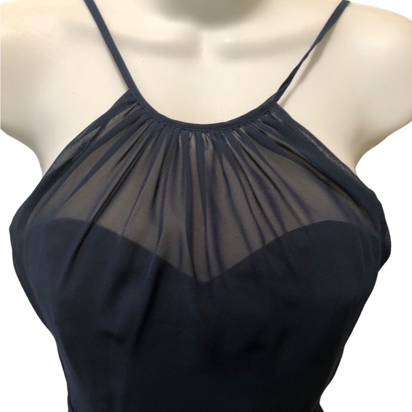 Azazie Alayna Short Bridesmaid A Line Dress Navy Sz J12 High Neck Sheer Chiffon - Picture 4 of 11